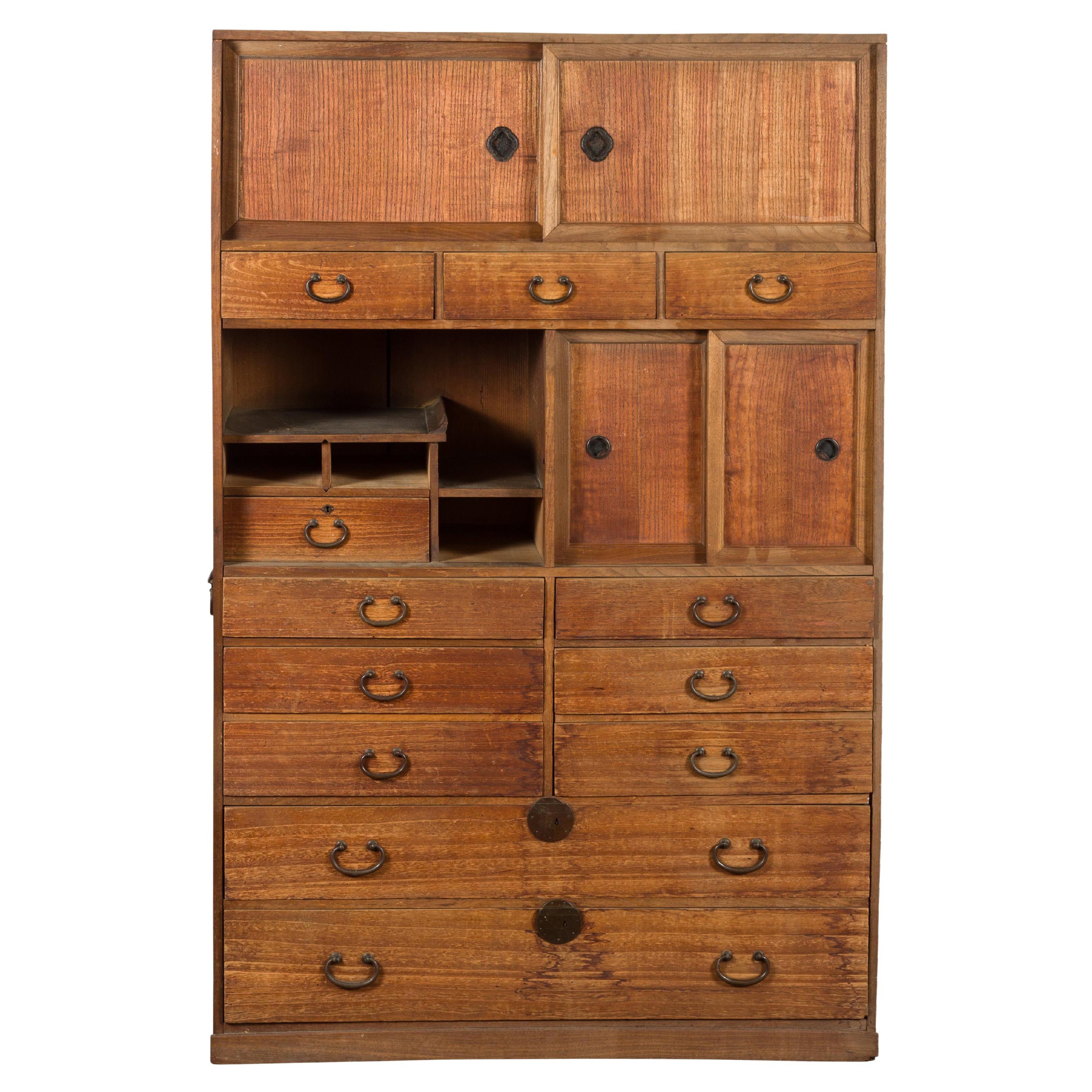 Japanese Meiji 19th Century Cha Tansu Kiri Wood Tea Cabinet with Doors, Drawers