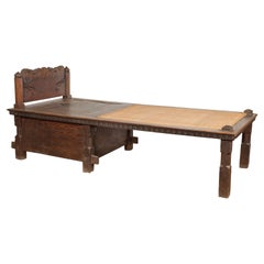 Letto da giorno giavanese del XIX secolo in Wood Wood con contenitore e rattan intrecciato a mano