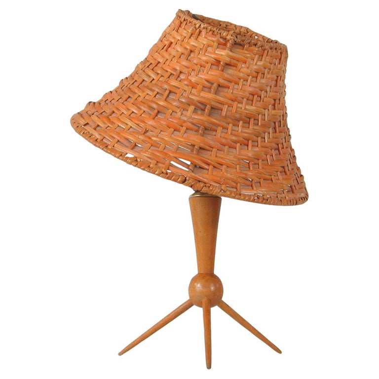 MidCentury Rattan Wicker and Birch Tripod Table Lamp, Sweden, 1950s