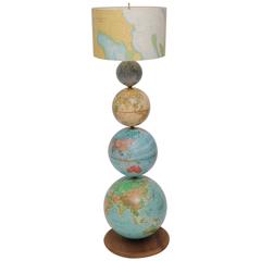 Vintage Earth and Moon Globes Converted to Floor Lamp with Chart Shade