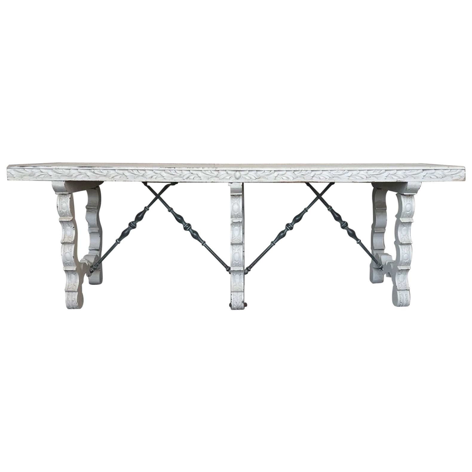 Grande console ou table centrale du 19e siècle peinte en blanc et à pieds en lyre de style rustique