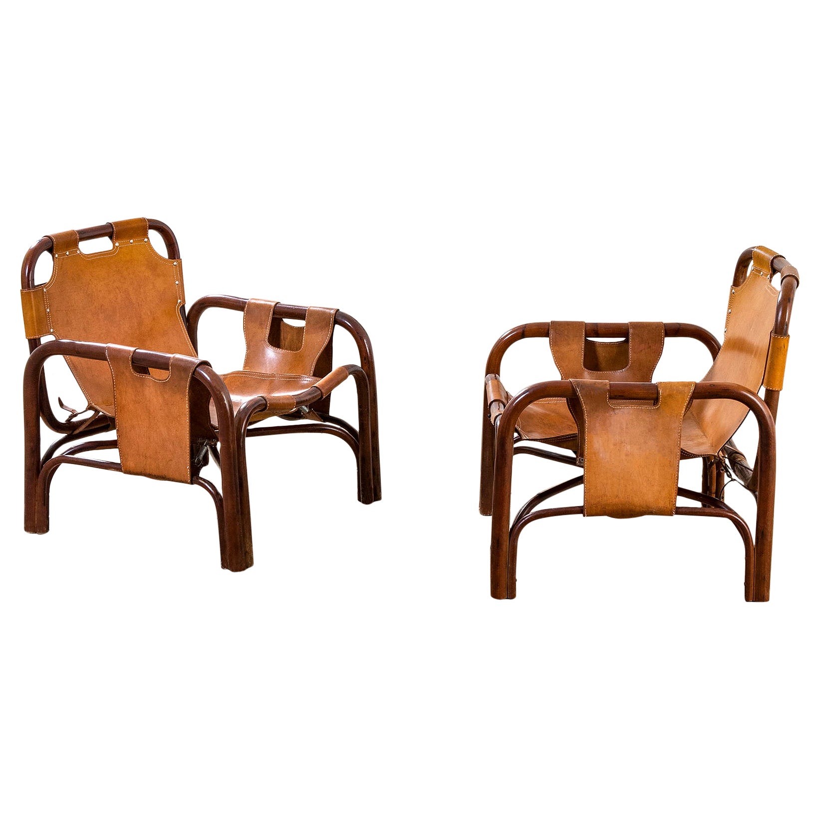 20th Century Tito Agnoli Pair of Armchairs "Safari" Bamboo and Faux Leather, 60s For Sale