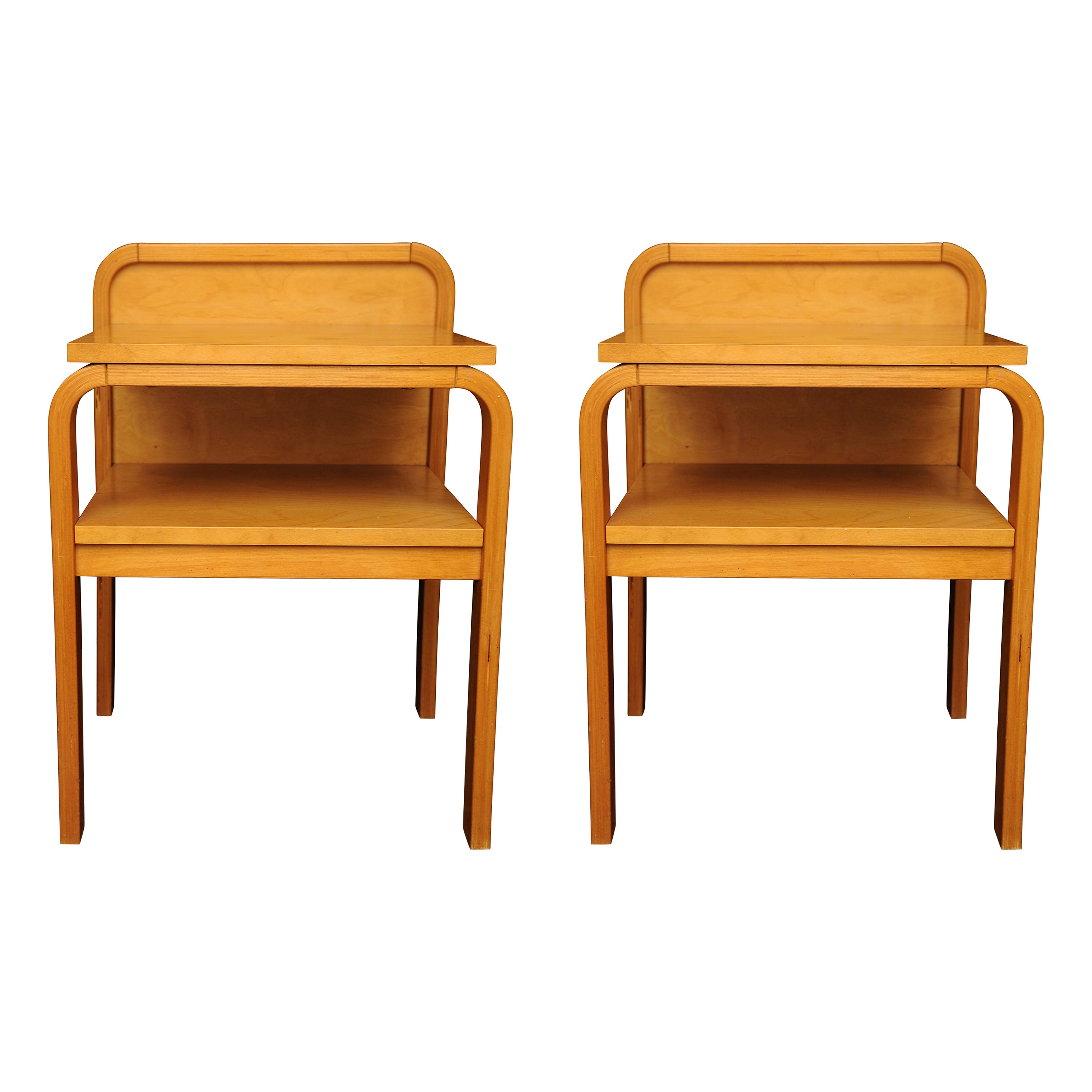 Pair Mid Century Modern Isku of Finland Bent Plywood Birch Bedside Tables, 1980s