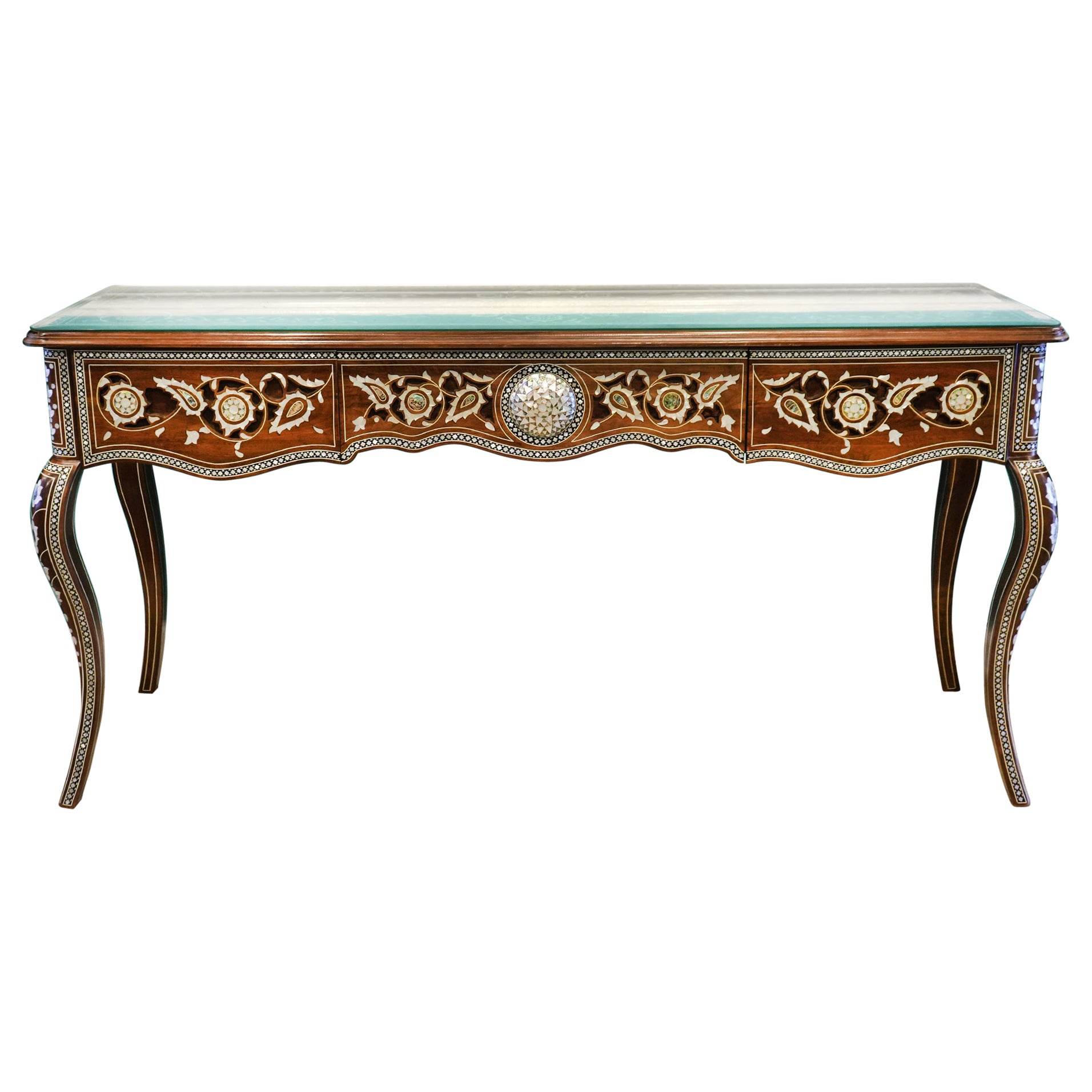 Middle Eastern Abelone and Mother of Pearl Inlaid Cabriole Leg Console Table 