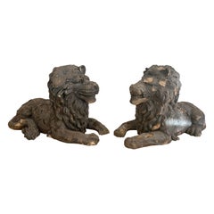 Antique Pair of Hand-Made French Reclining Lion Statues  