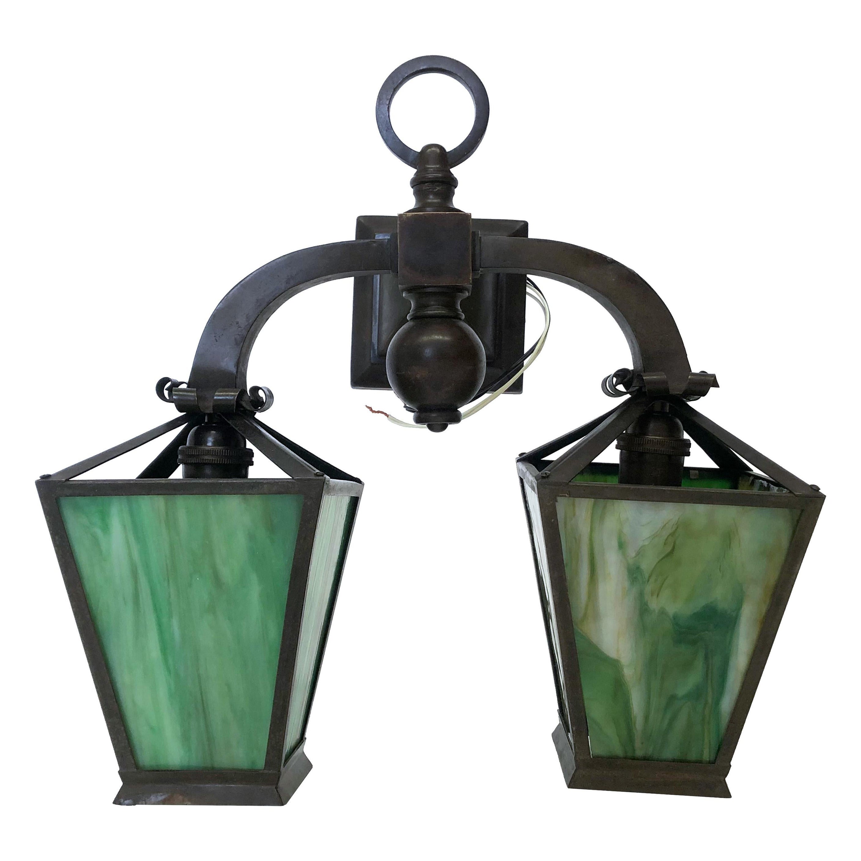 Arts and Crafts Double Light Brass Sconce with Marbled Green Glass Pannels For Sale