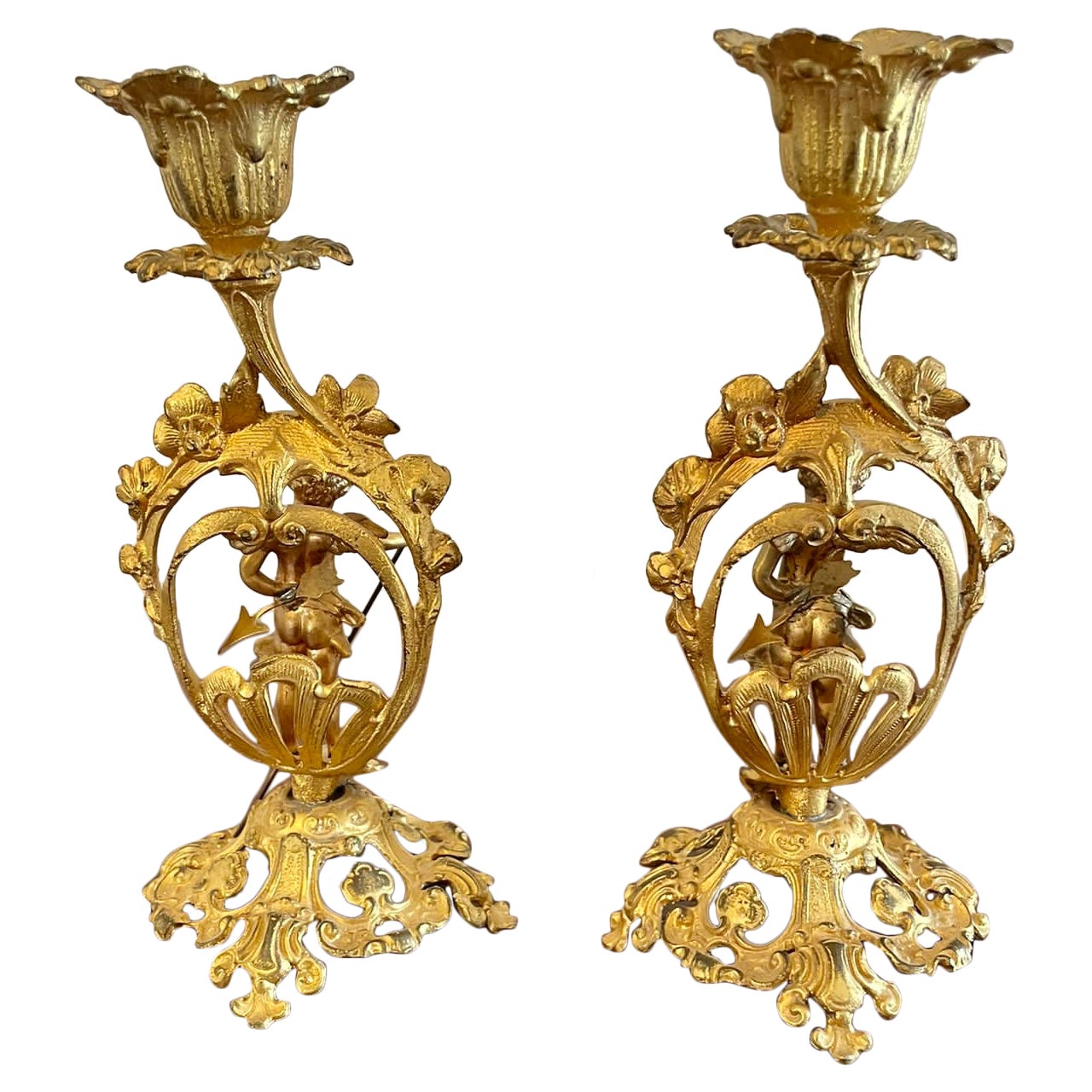 Antique Pair of Fine French Victorian Ornate Gilded Candlesticks  For Sale