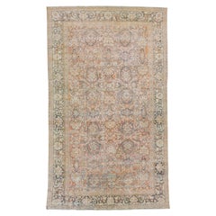 Tapis surdimensionné en laine persane ancienne Mahal avec motifs orange/ruse sur toute sa surface 