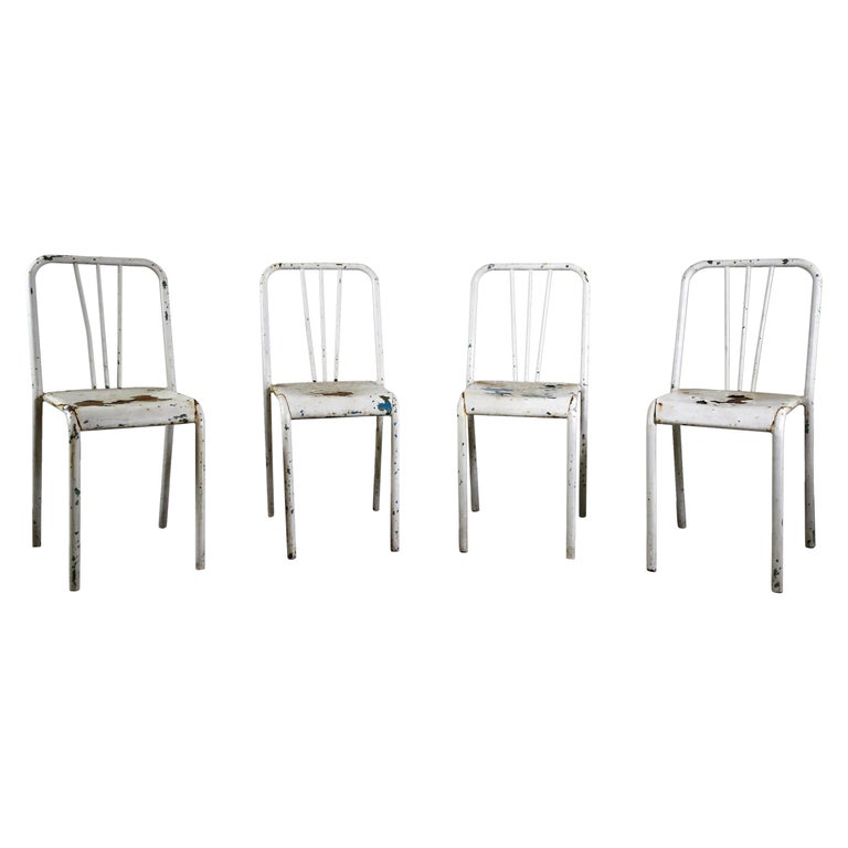 Set of 4 French Tolix Heavy Distressed White Steel Chairs For Sale at