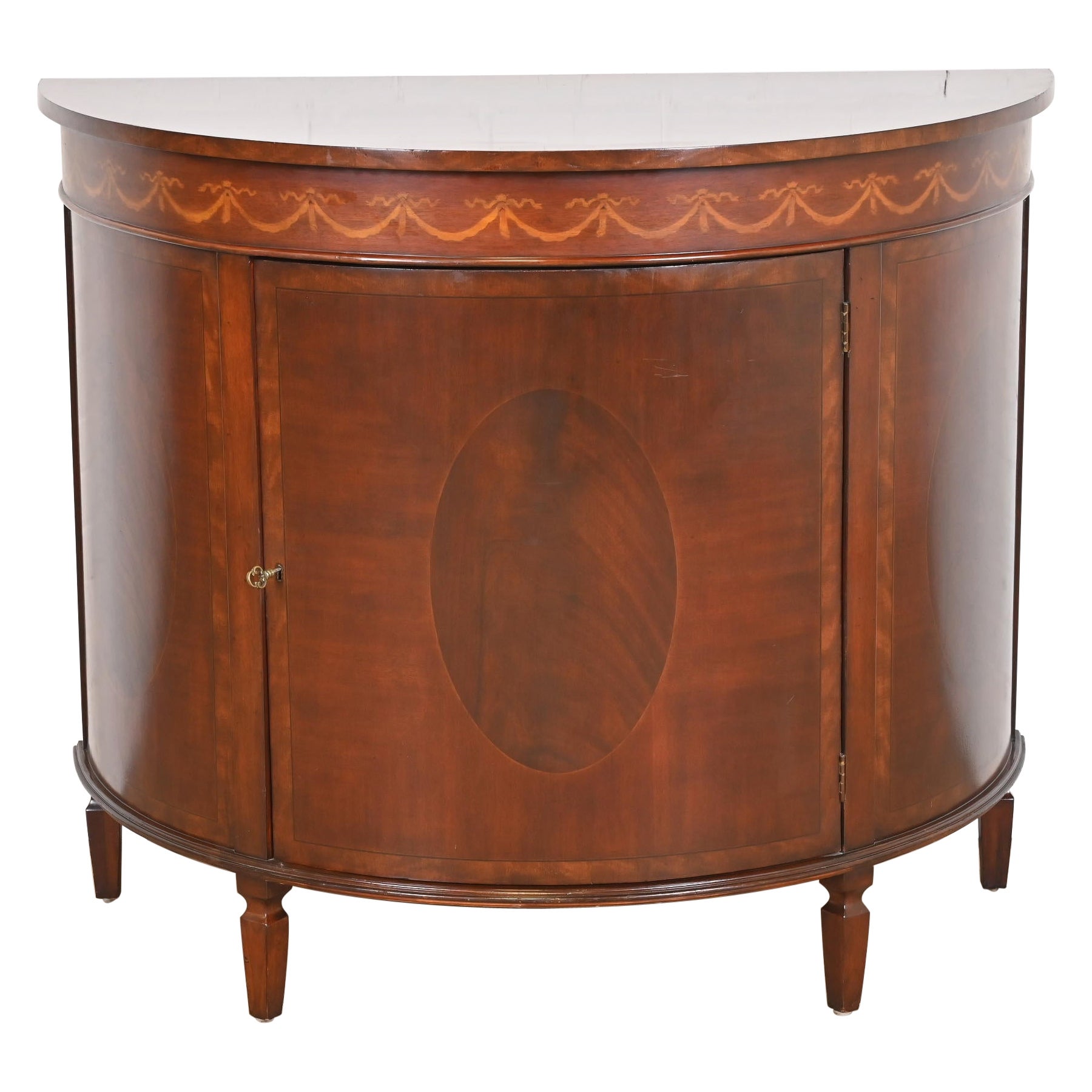 Georgian Inlaid Mahogany Demilune Cabinet in the Manner of Baker Furniture