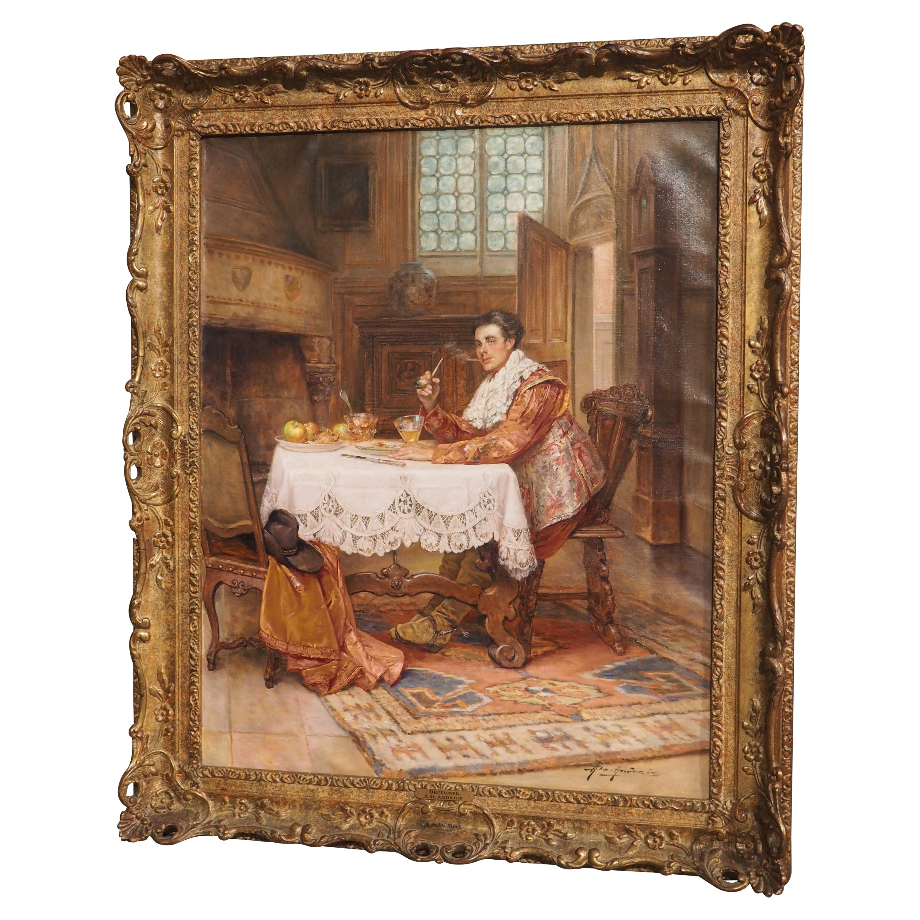 Ancienne peinture à l'huile belge d'un homme au déjeuner par Alex De Andreis, 1880-1929