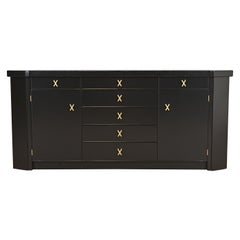 Retro Paul Frankl for Johnson Furniture Black Lacquered Mahogany Sideboard Credenza