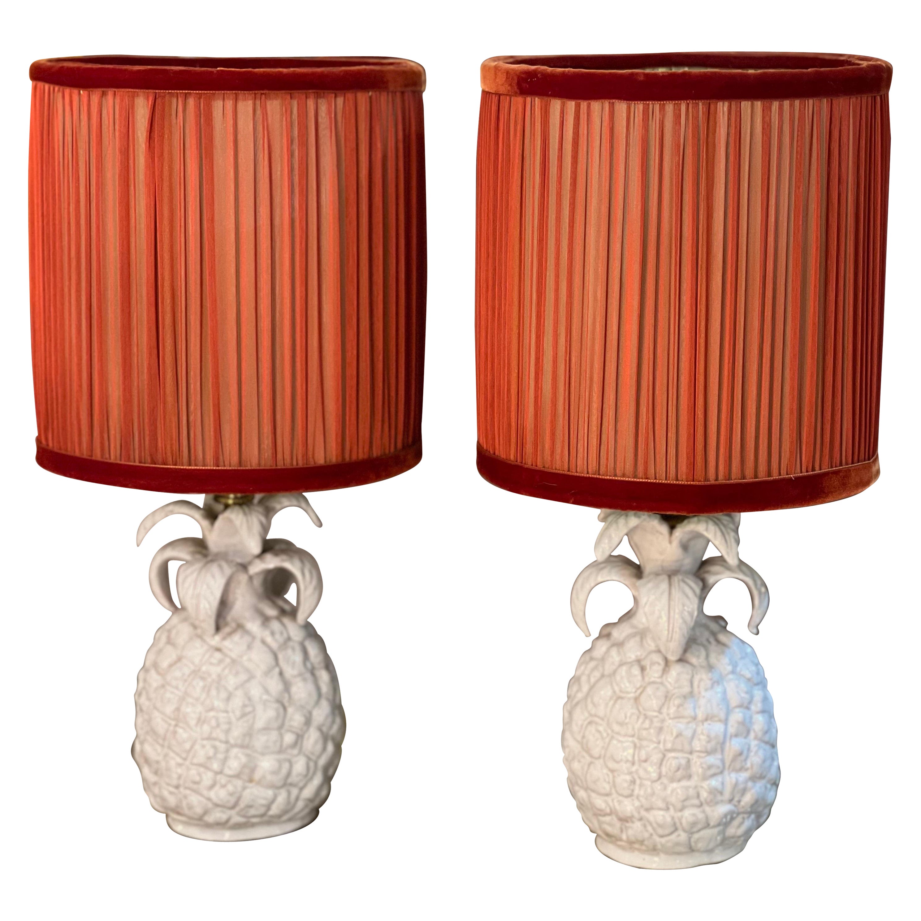 Pair of Ceramic Pineapple Shaped Lamps with our Handctafted Lampshades, 1950s