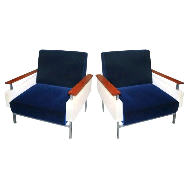 Pair of Brazilian Caviuna Two-Tone Blue and Beige Velvet Armchairs, 1950s