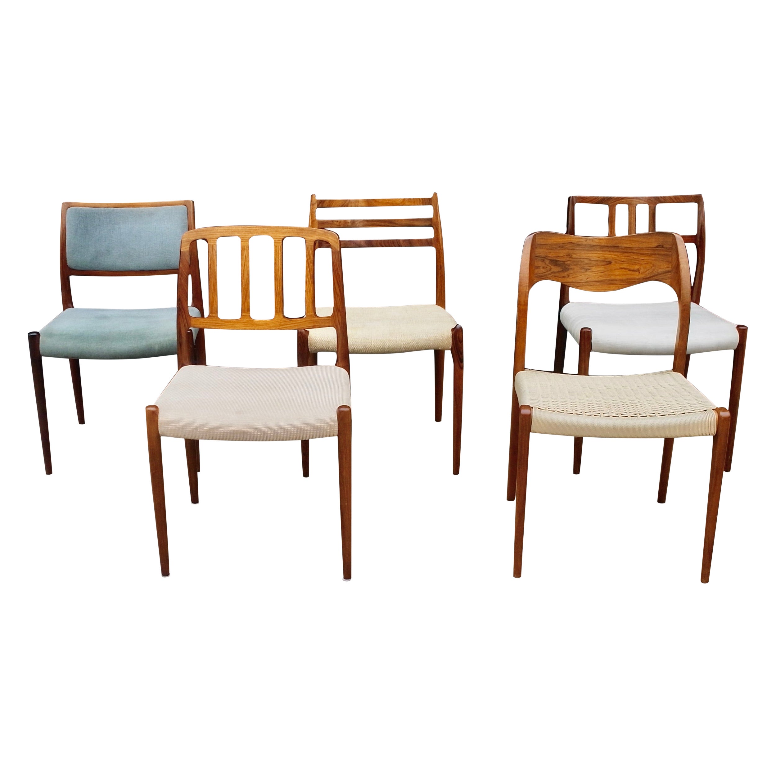 Selection of Five Vintage Rosewood Danish Dining Chairs by Niels.O. Moller For Sale