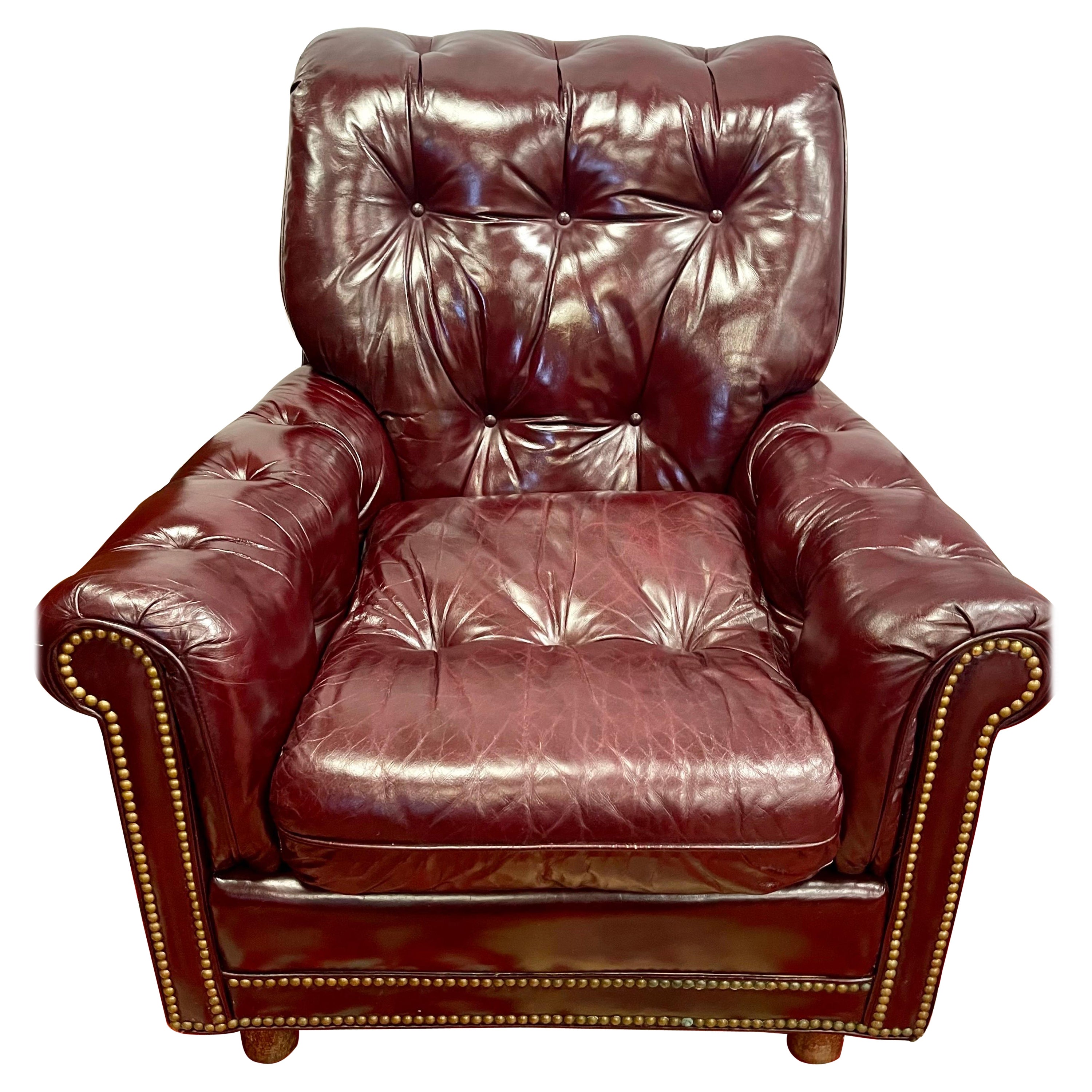 Hancock & Moore Vintage Cranberry Leather Tufted Nailhead Armchair Chair