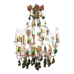 Large Silver Metal Cage Chandelier-Venetian Murano Glass Decorations Late 19th C
