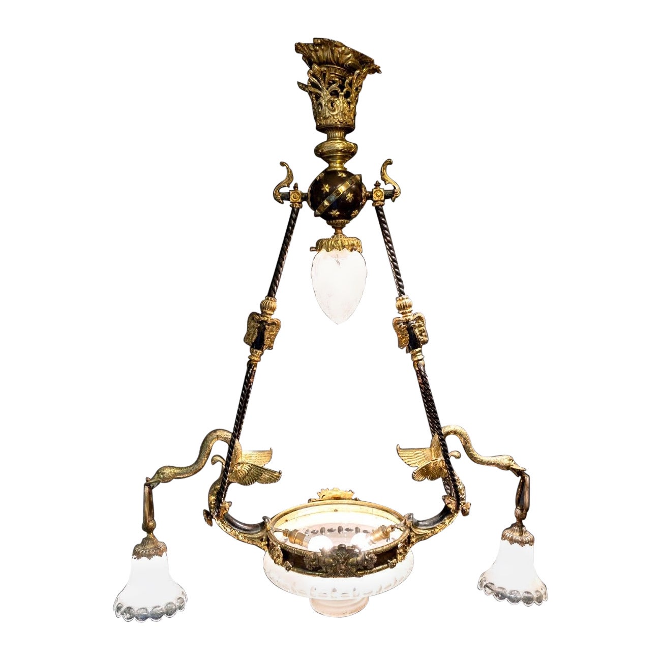 Exceptional and Rare Empire Chandelier Crystal Gilt Bronze and Patinated Brown For Sale