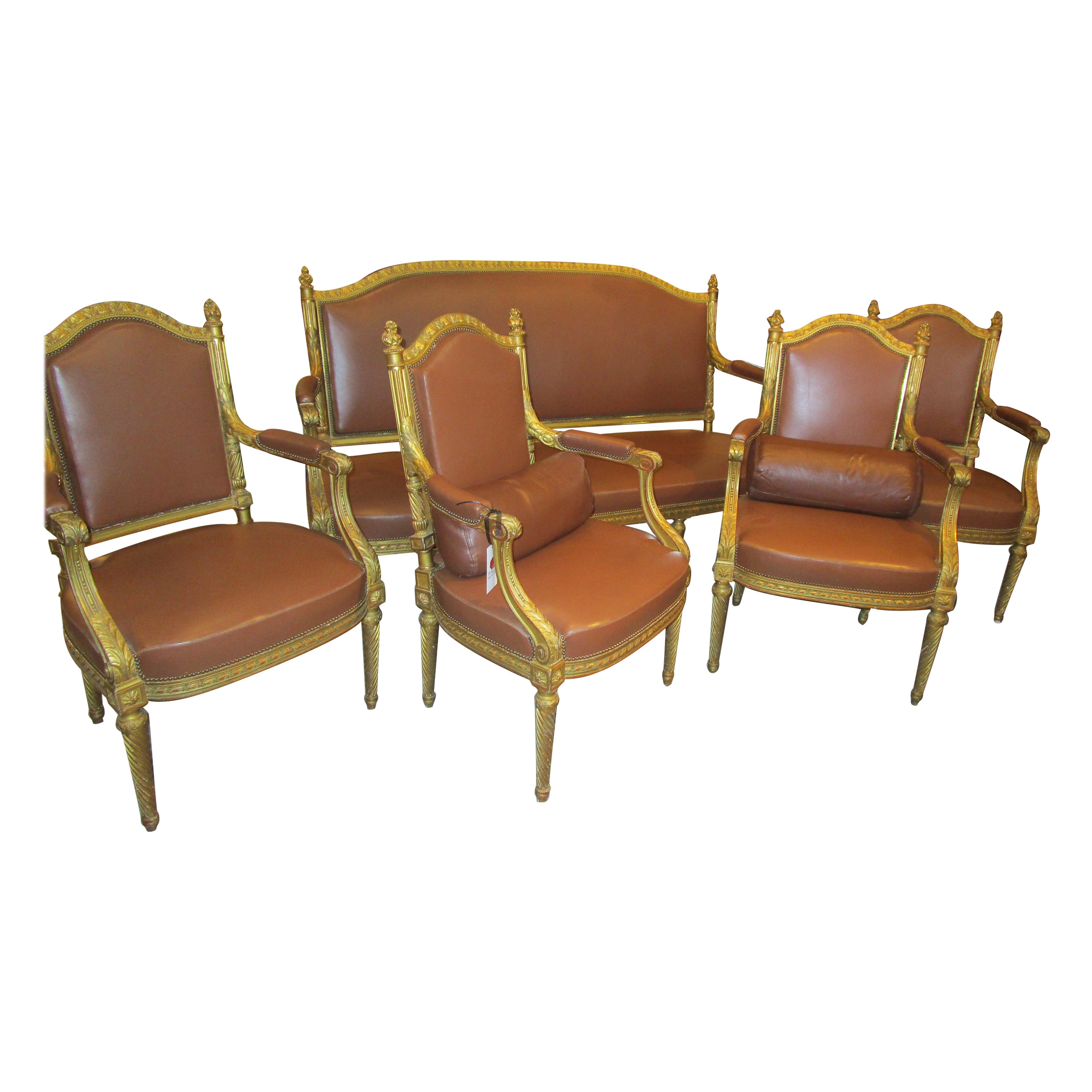 Very Fine Suite of 19th Century Louis XVI Giltwood Carved Armchairs and Settee For Sale