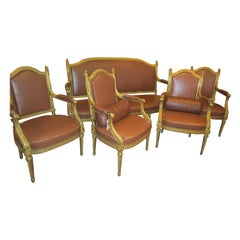 Very Fine Suite of 19th Century Louis XVI Giltwood Carved Armchairs and Settee