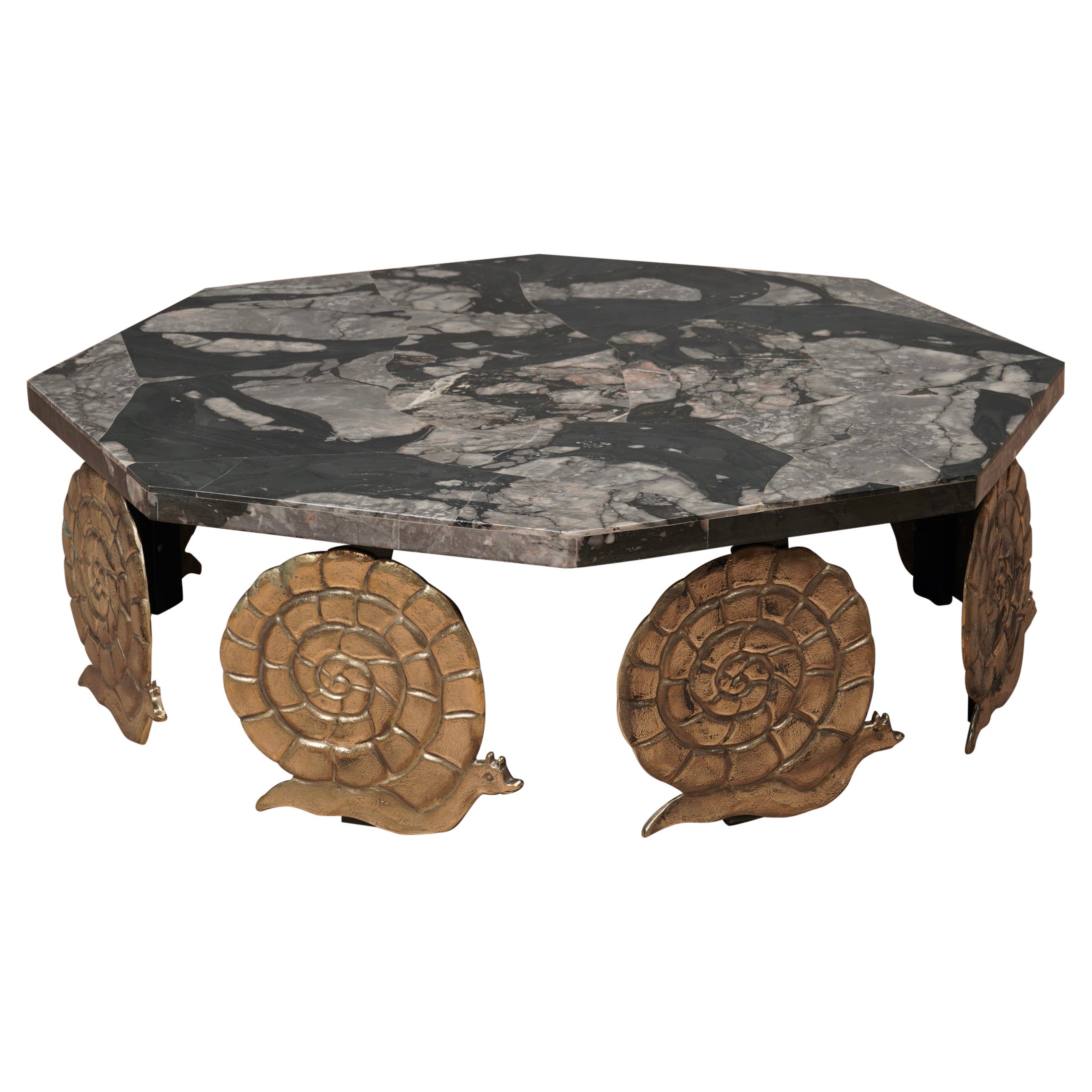 MidCentury Octagonal Brass and Marble Italian Sofa Table, 1970