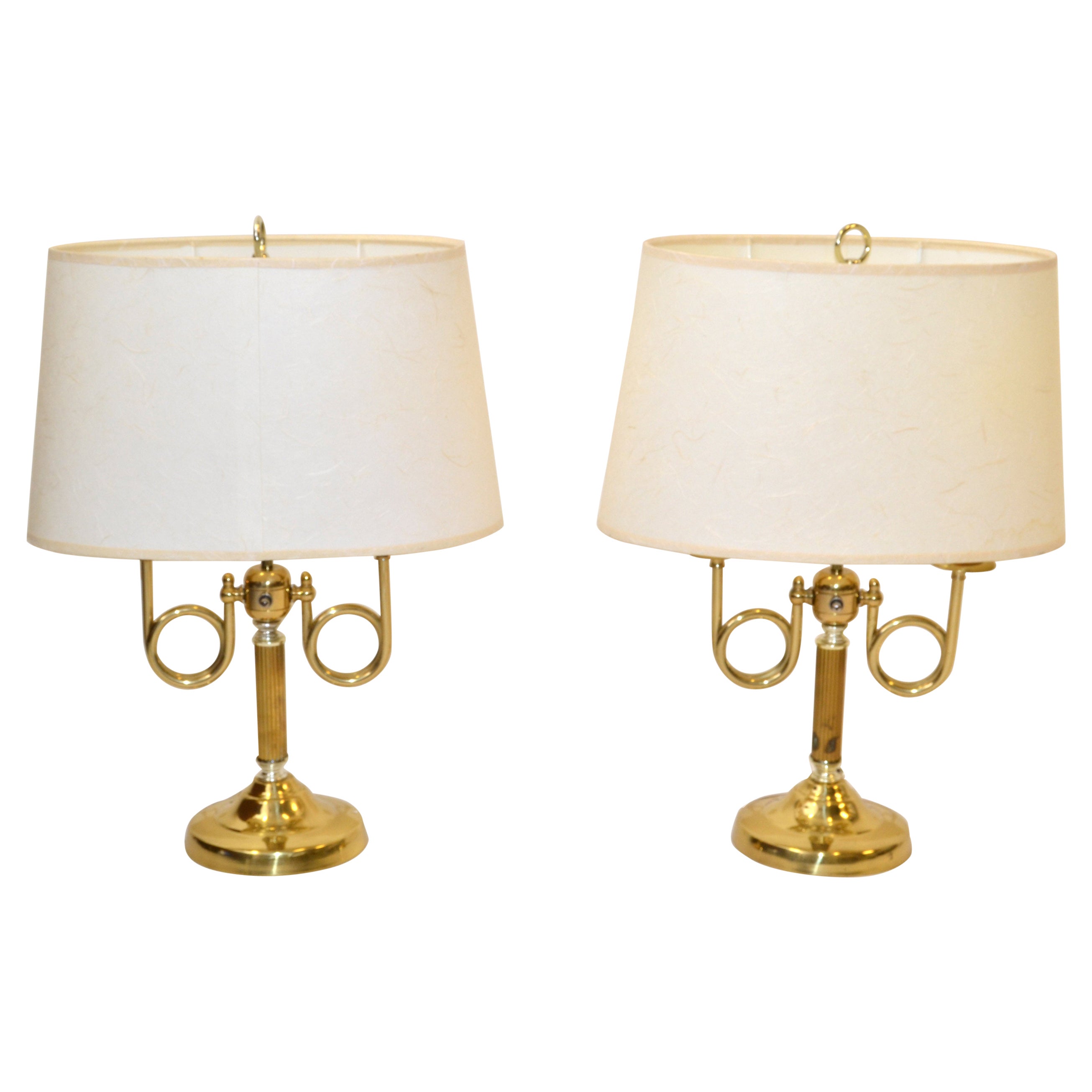 Pair French Alsy Vintage Solid Brass 2 Arm Trumpet Horn Bouillotte Lamp Shades For Sale
