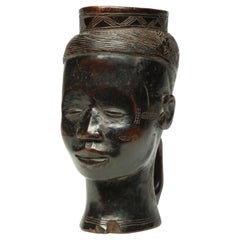Very Early Carved Wood Kuba Figural Cup, Congo, Africa Sweet Face