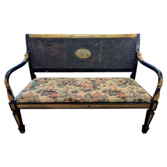 Vintage Wicker Cane Back Bench Chinoiserie Reupholstered with Asian Scenery