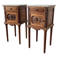 Antique Pair of Walnut Carved Night Stands with Marble Tops