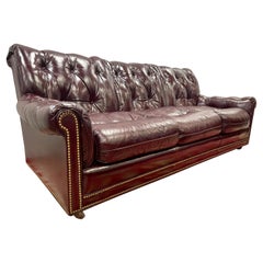 Hancock and Moore Vintage Cranberry Leather and Nailhead Three Seater Sofa