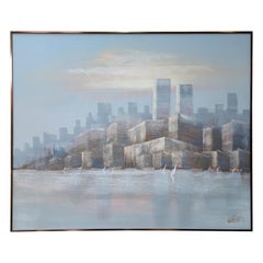 Vintage Large Abstract Textured Cityscape w/ Sailboats by Lee Reynolds in Pastels/Grays