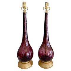 Pair Murano Purple Glass Long Neck Table Lamps
