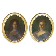 Antique Oval Portrait Man and Woman Paintings, a Pair