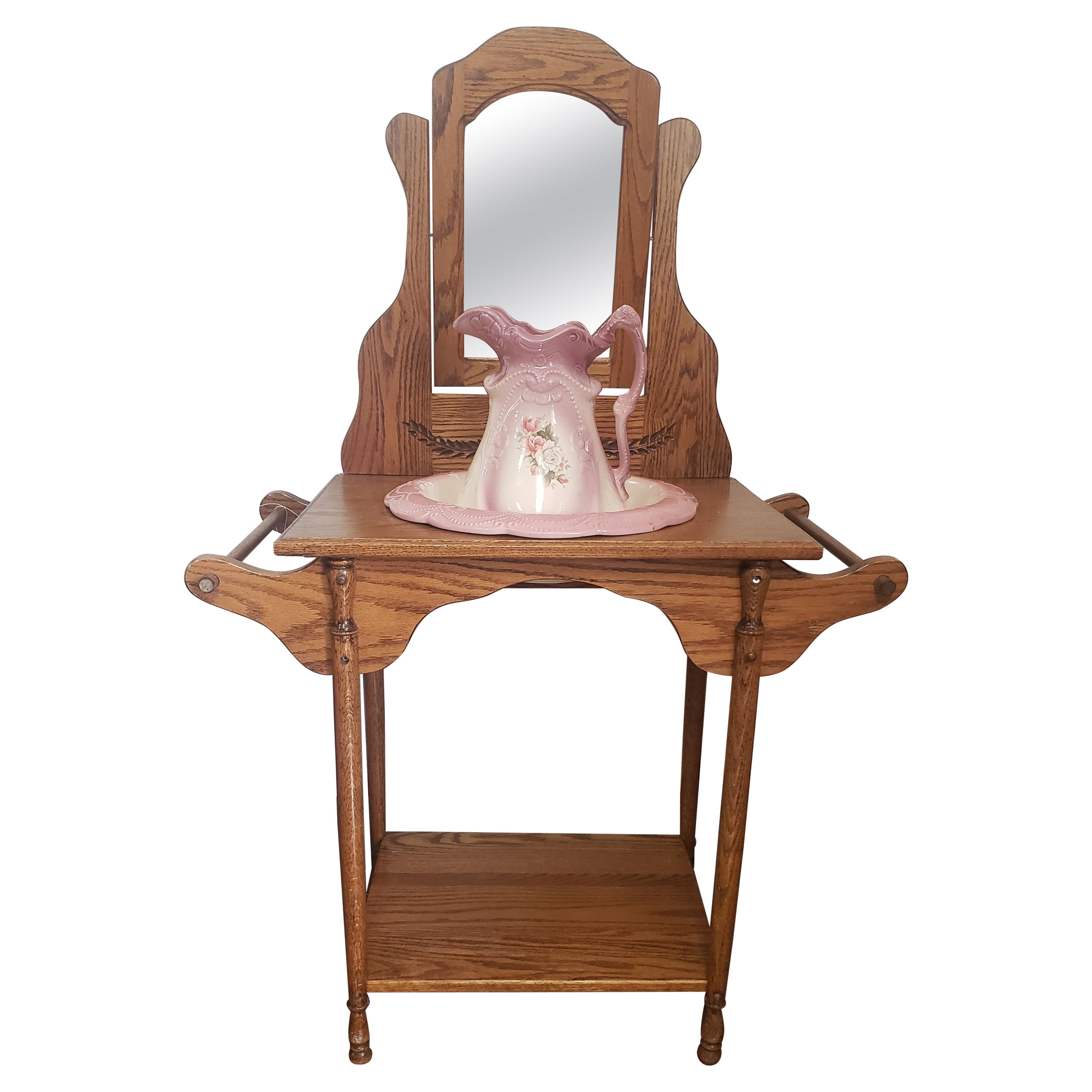 1890 English Ironstone Basin and Pitcher on Mirrored Oak Washstand For Sale