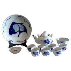Blue and White Carp Design Porcelain Chinese Tea Set Serving Plate, Cups, Teapot