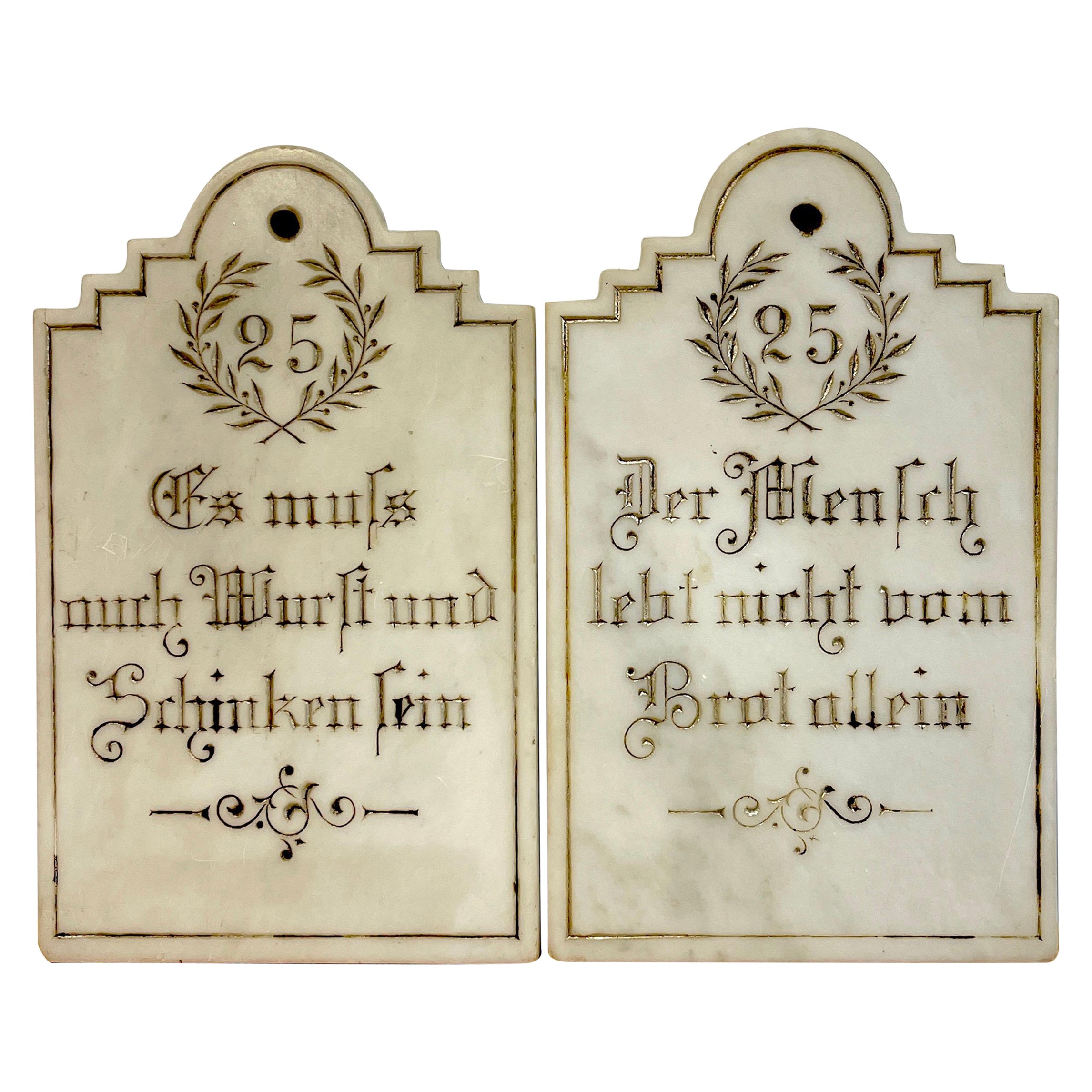 Pair of Antique German Engraved Marble Whimsical Butchers Shop Cutting Boards For Sale