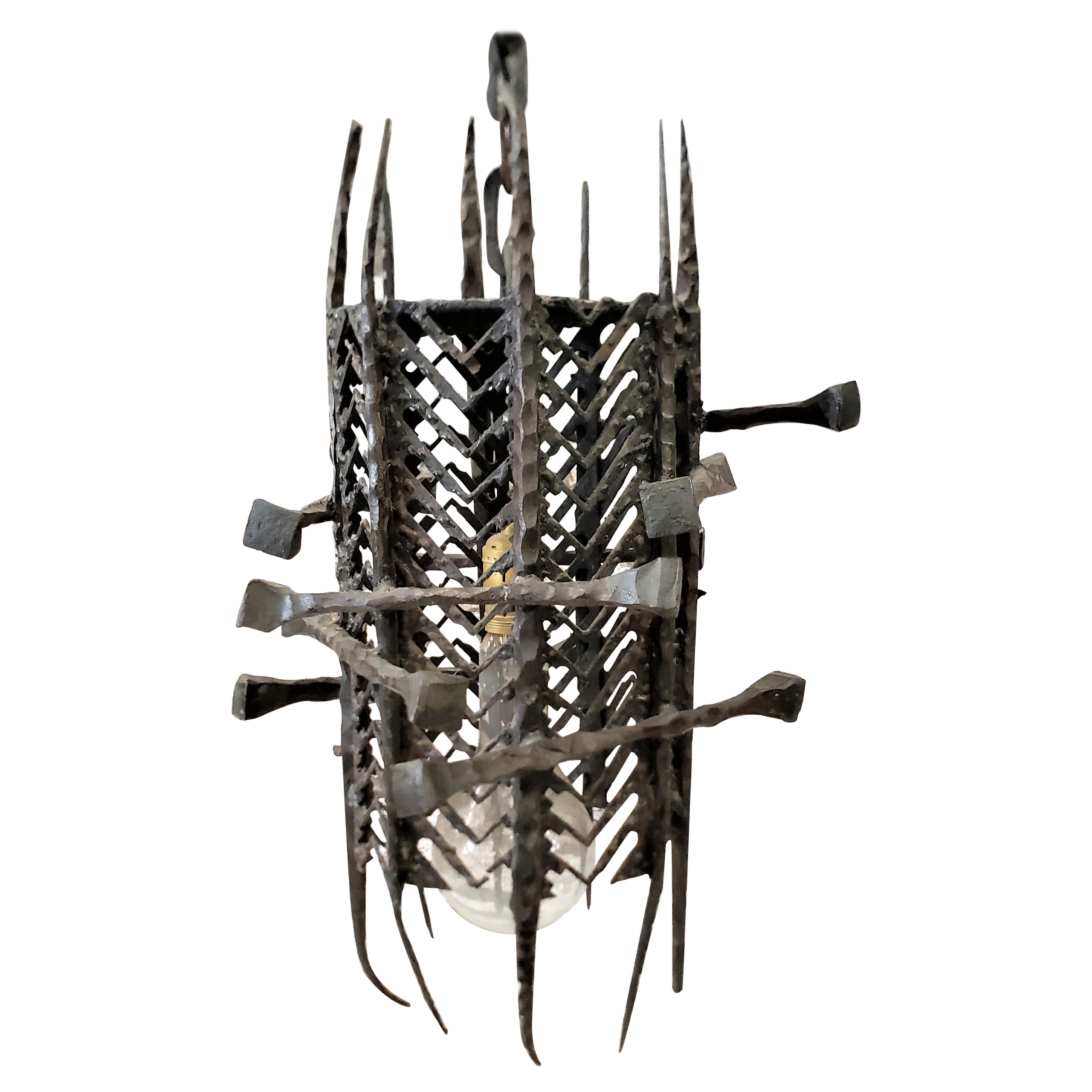Mid-Century Modern Brutalist Torch Cut Steel & Spike Swag Light and Chain For Sale