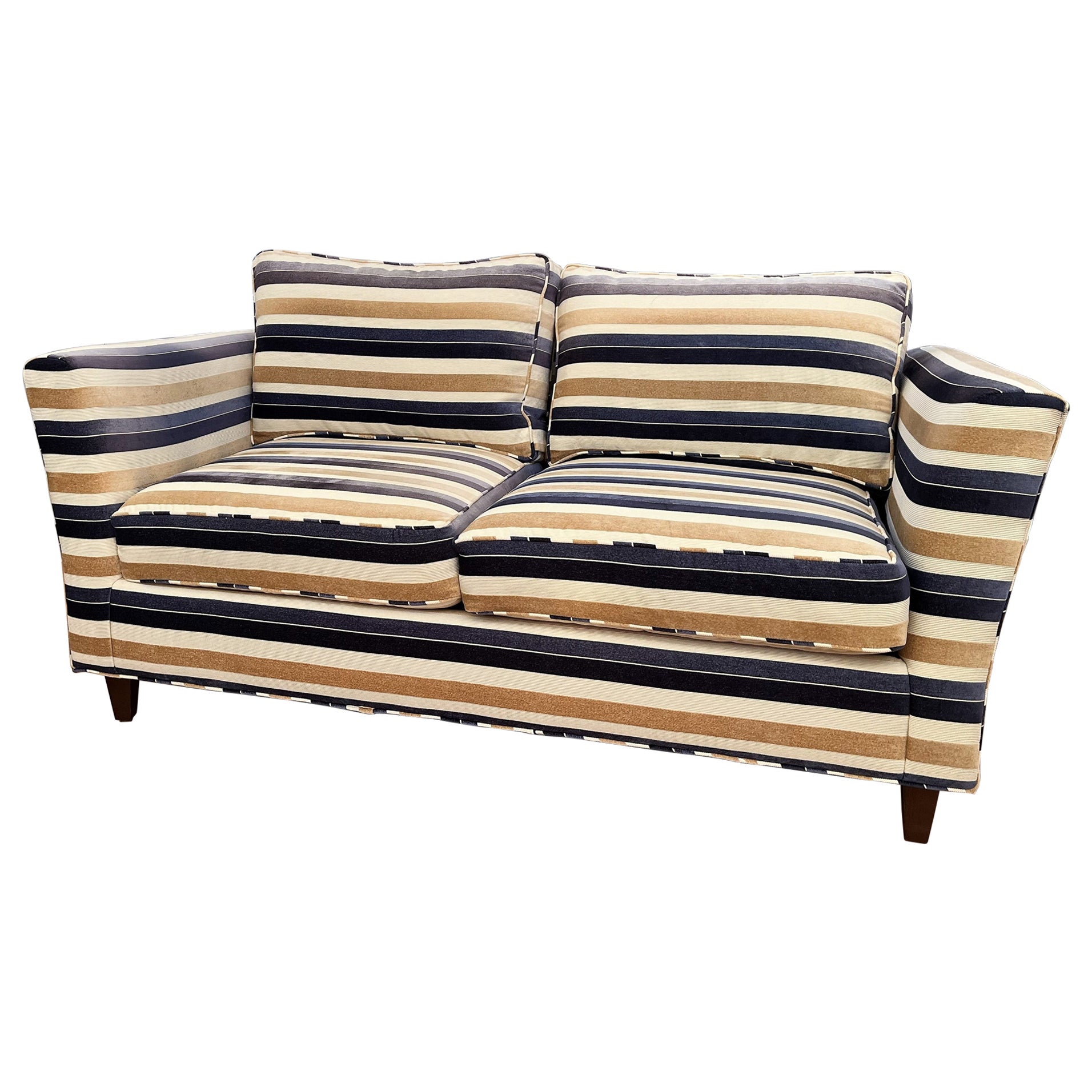 Bold Stripe Sofa in Gold, Blue, Cream Velvet Fabric in the Style of Kravet For Sale