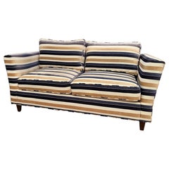 Bold Stripe Sofa in Gold, Blue, Cream Velvet Fabric in the Style of Kravet