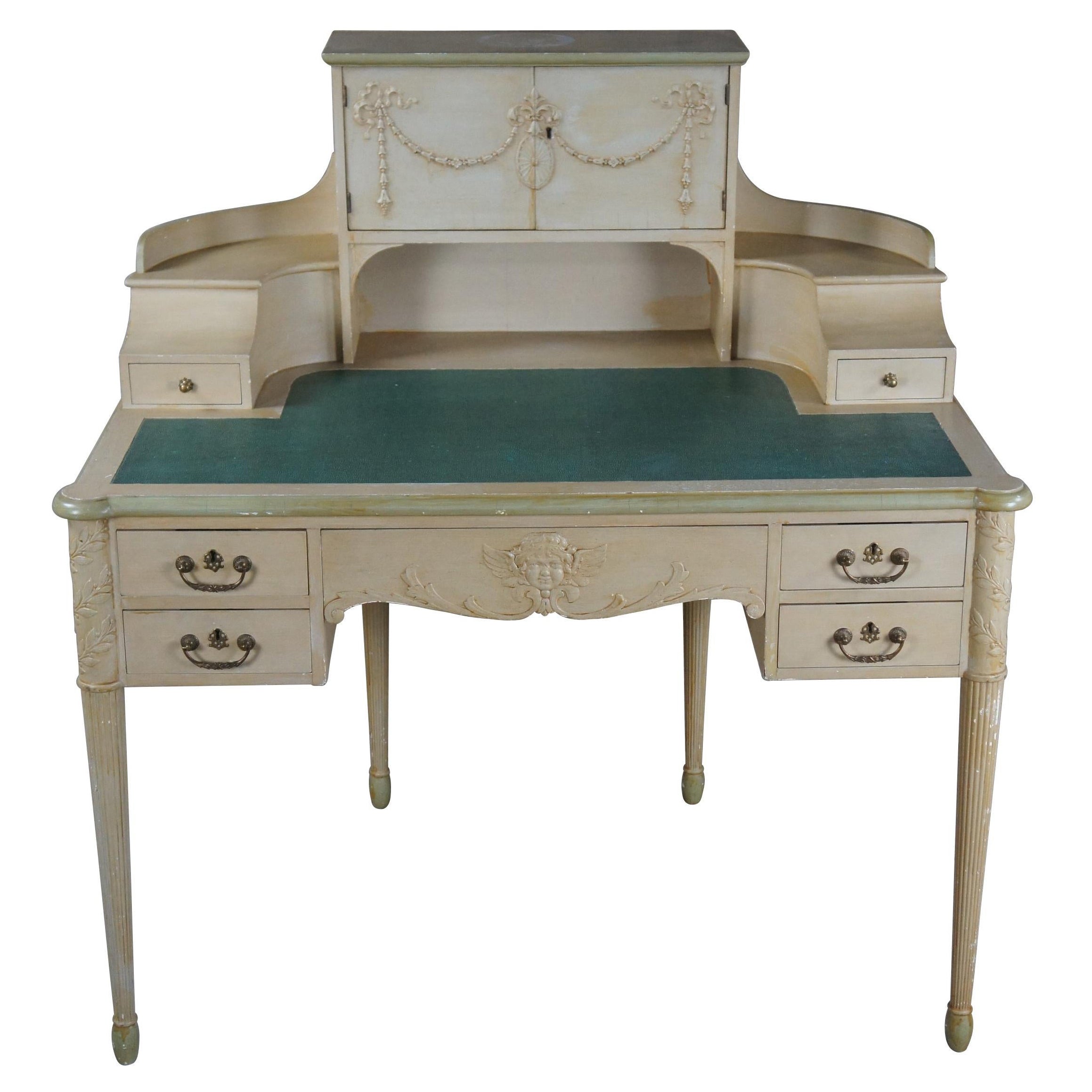 Antique English Victorian Carlton House Painted Library Writing Desk Vinyl Top For Sale