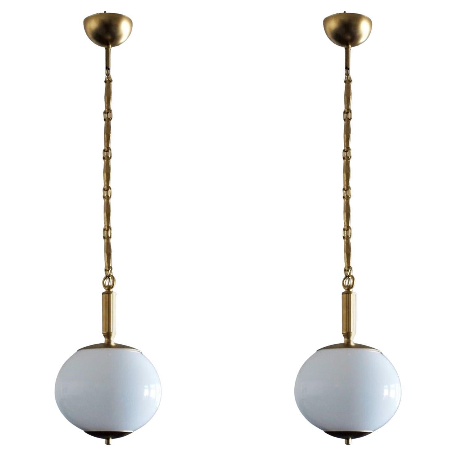 Pair of Italian Art Deco Opaline Glass and Brass Pendants, 1950s For Sale
