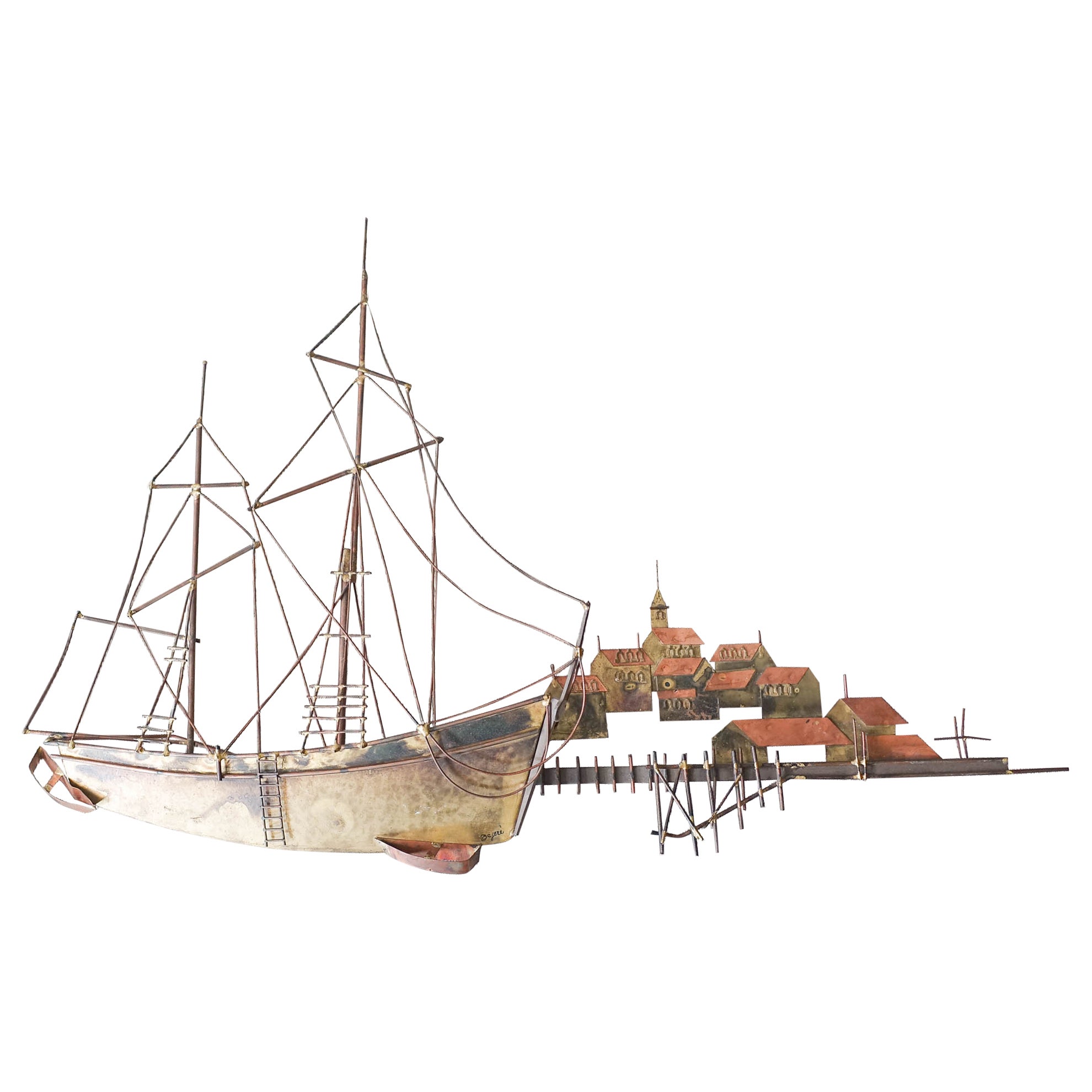 Midcentury Curtis Jeré Brutalist Boat with Harbour Village Wall Sculpture For Sale