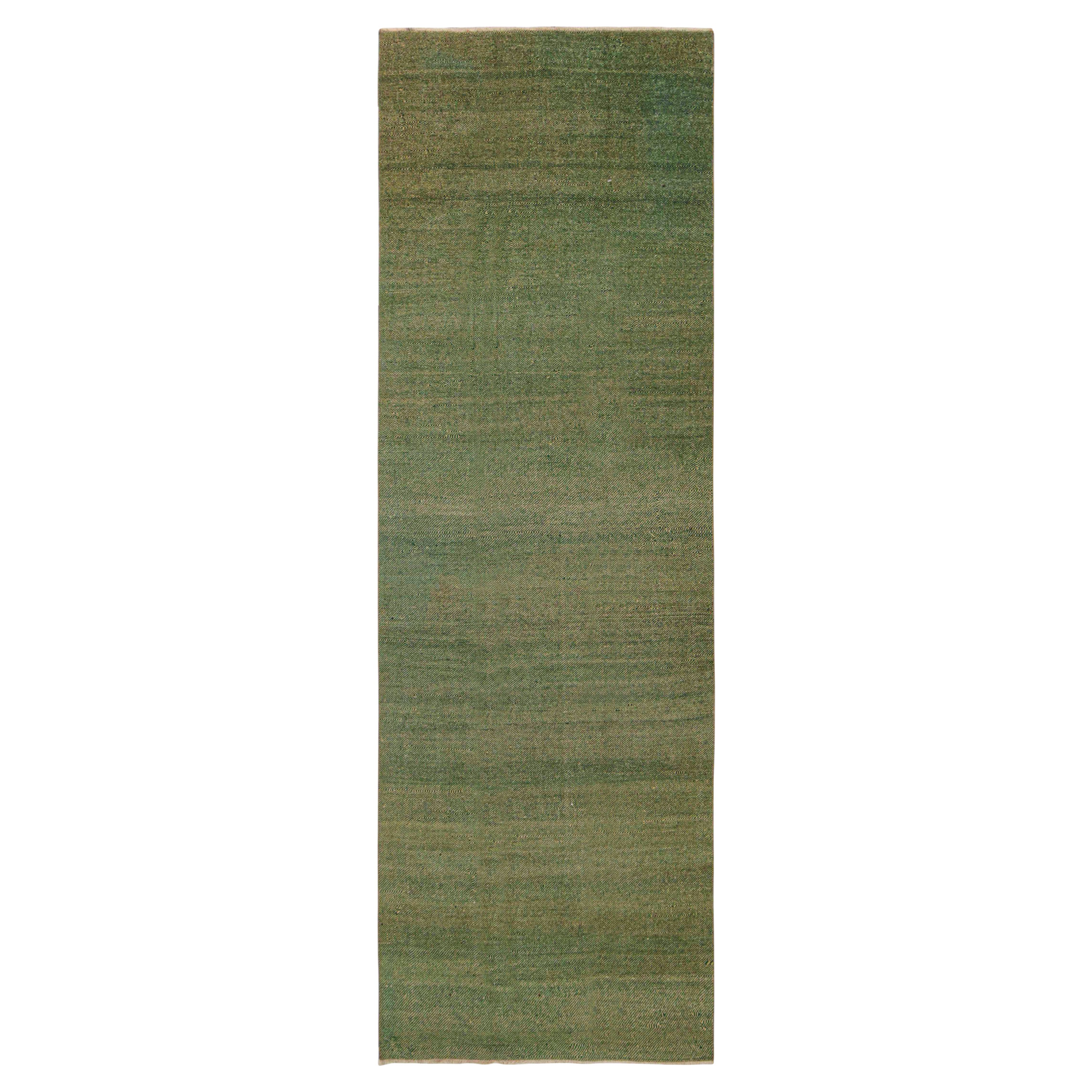 Vintage Midcentury Rug in Solid Green Tone-on-tone Striae by Rug & Kilim For Sale