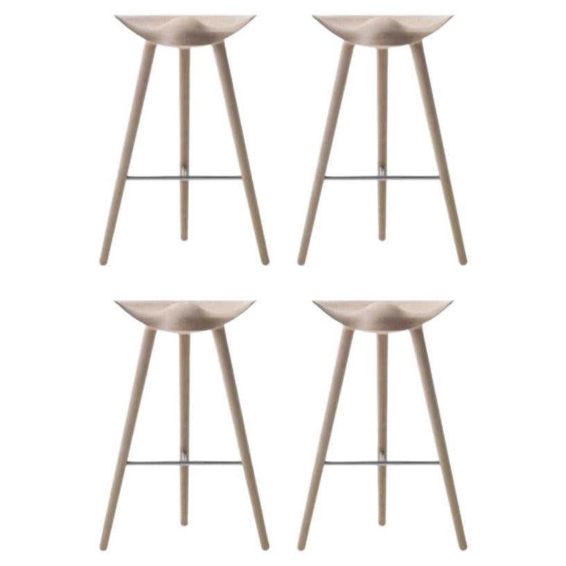 Set of 4 ML 42 Oak and Stainless Steel Bar Stools by Lassen