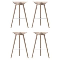 Set of 4 ML 42 Oak and Stainless Steel Bar Stools by Lassen