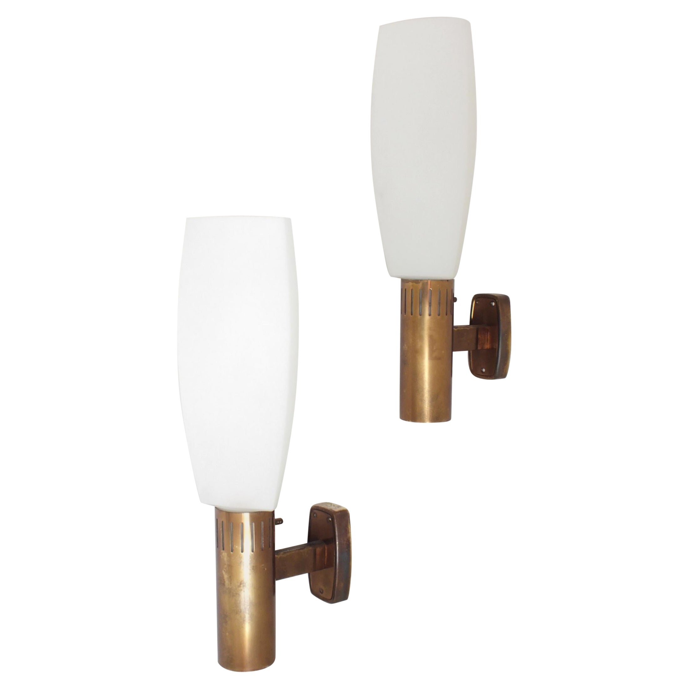 Set of Two 1960s Stilnovo Design Italy Production Wall Lamps in Brass Glass