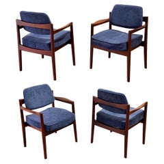 Jens Risom Arm Chairs, Midcentury Walnut + Blue Velvet Dining Chairs, Set of 4