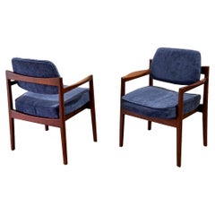 Jens Risom Arm Chairs, Midcentury Walnut + Blue Velvet Dining Chairs, a Pair