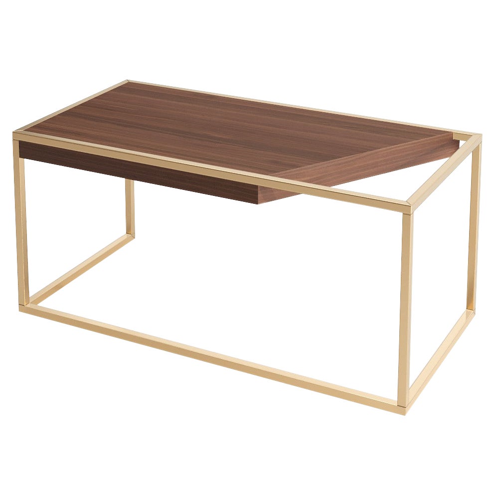 Modern Minimalist Home Office Writing Desk in Walnut Wood and Brushed Brass For Sale