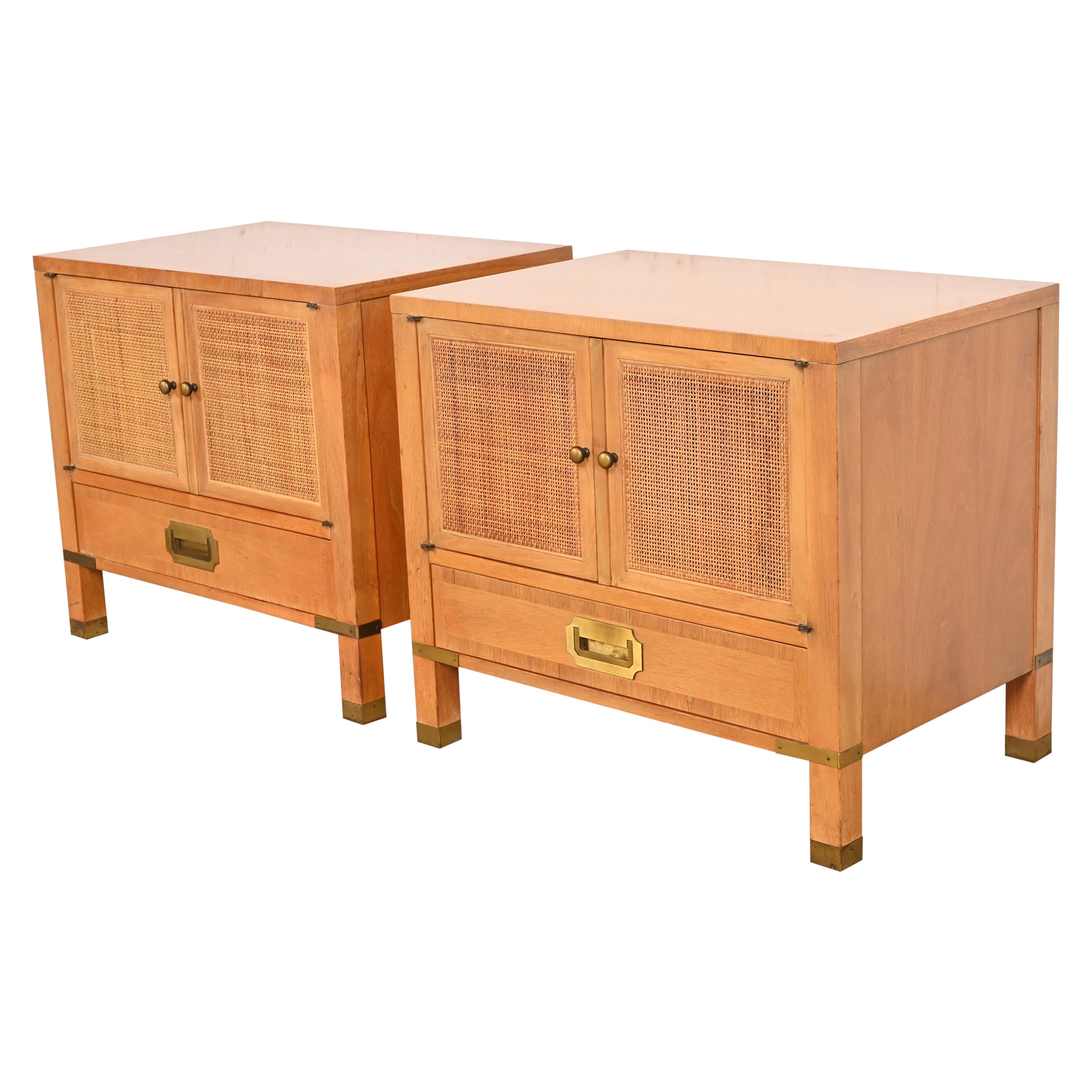 Baker Furniture Midcentury Campaign Walnut, Cane, and Brass Nightstands, 1960s For Sale